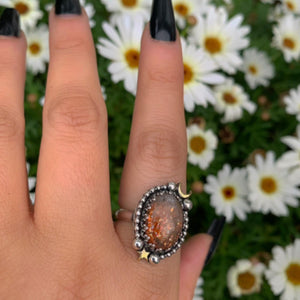 Sunstone Ring - Size 8 - Sterling Silver - Confetti Sunstone Jewelry - Crescent Moon & Star Celestial Ring - Sun and Moon Magic