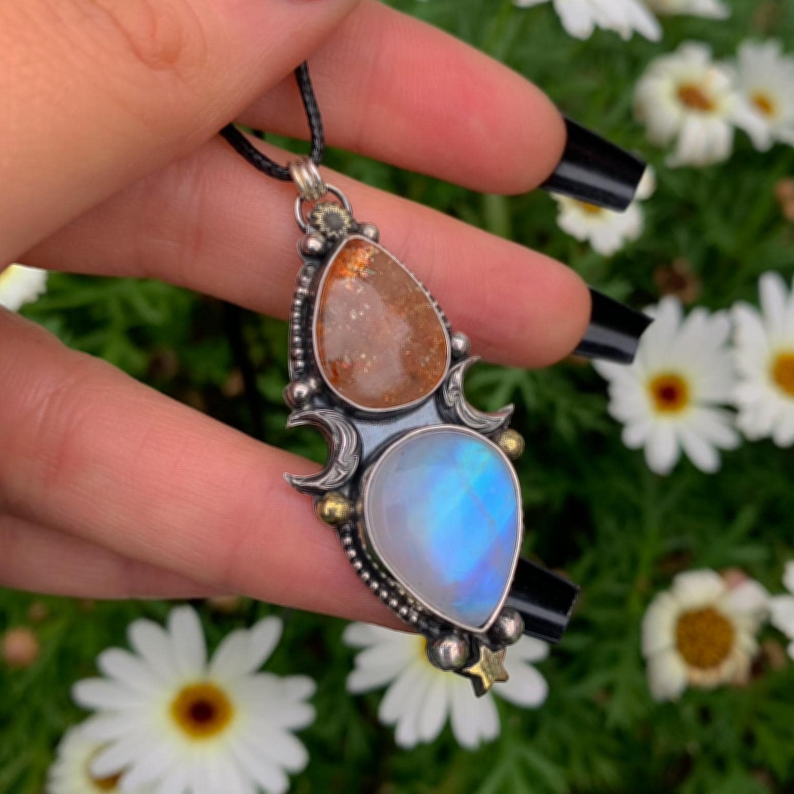 Sunstone & Moonstone Pendant - Sterling Silver - Crescent Moon, Sun and Star Jewelry - Confetti Sunstone - Multi Stone Celestial Necklace