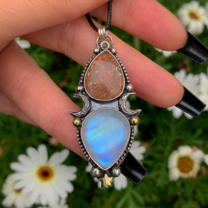 Sunstone & Moonstone Pendant - Sterling Silver - Crescent Moon, Sun and Star Jewelry - Confetti Sunstone - Multi Stone Celestial Necklace