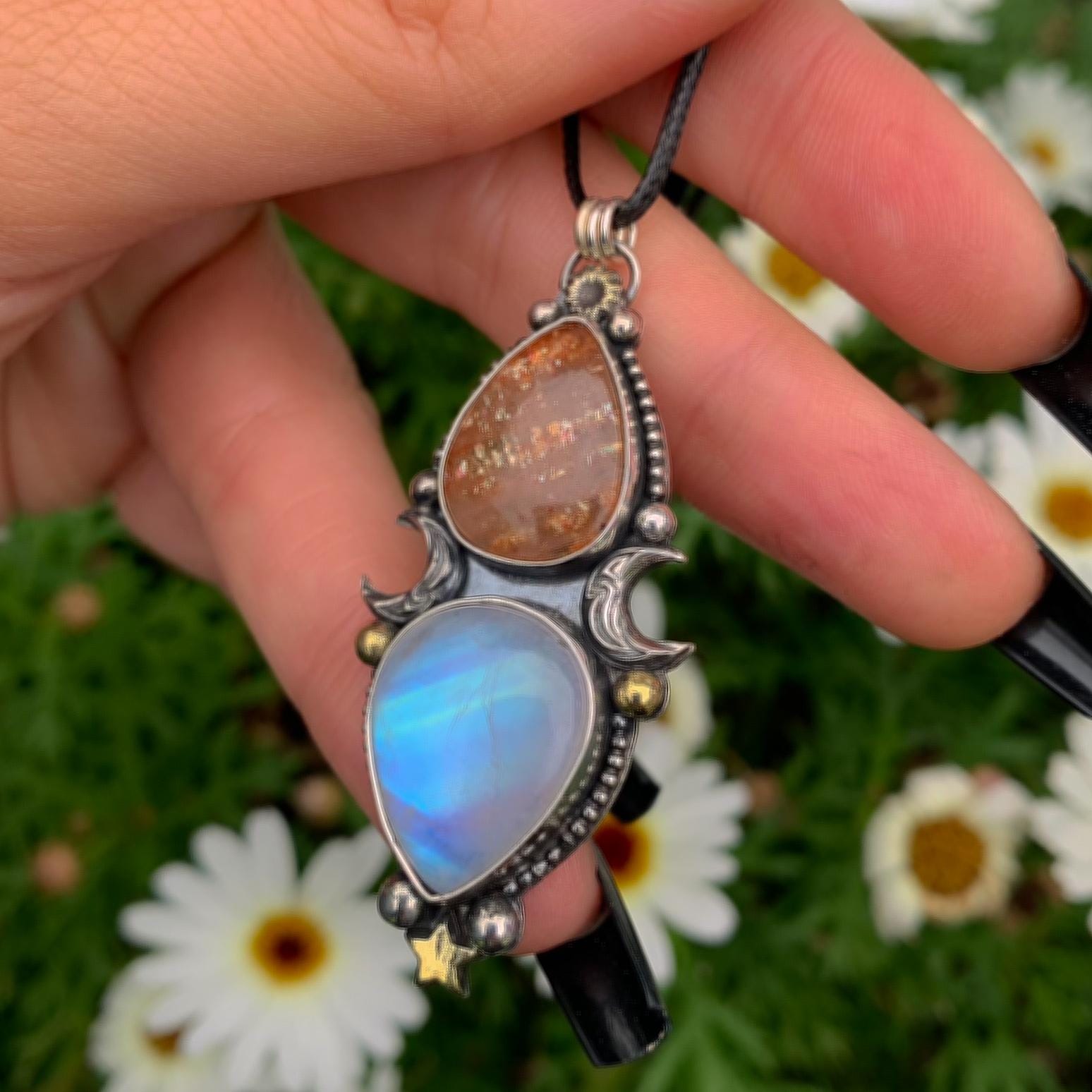 Sunstone & Moonstone Pendant - Sterling Silver - Crescent Moon, Sun and Star Jewelry - Confetti Sunstone - Multi Stone Celestial Necklace