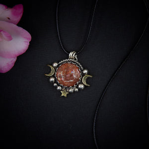Sunstone Pendant - Sterling Silver - Triple Goddess Necklace - Crescent Moon, Sun and Star Jewelry - Confetti Sunstone Celestial Necklace