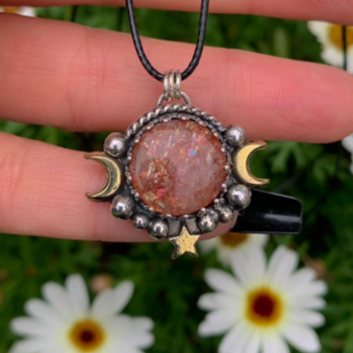 Sunstone Pendant - Sterling Silver - Triple Goddess Necklace - Crescent Moon, Sun and Star Jewelry - Confetti Sunstone Celestial Necklace