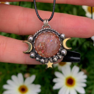 Sunstone Pendant - Sterling Silver - Triple Goddess Necklace - Crescent Moon, Sun and Star Jewelry - Confetti Sunstone Celestial Necklace