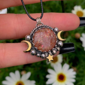 Sunstone Pendant - Sterling Silver - Triple Goddess Necklace - Crescent Moon, Sun and Star Jewelry - Confetti Sunstone Celestial Necklace