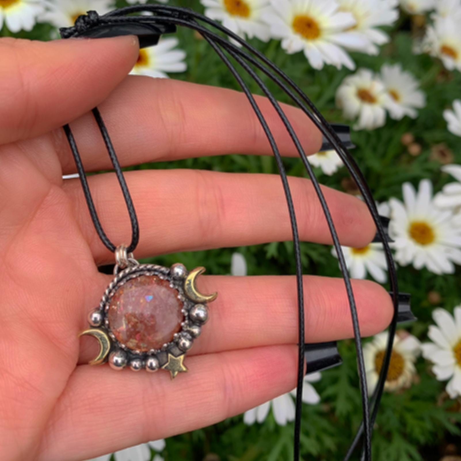 Sunstone Pendant - Sterling Silver - Triple Goddess Necklace - Crescent Moon, Sun and Star Jewelry - Confetti Sunstone Celestial Necklace