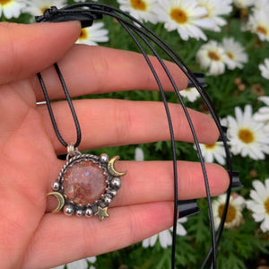 Sunstone Pendant - Sterling Silver - Triple Goddess Necklace - Crescent Moon, Sun and Star Jewelry - Confetti Sunstone Celestial Necklace