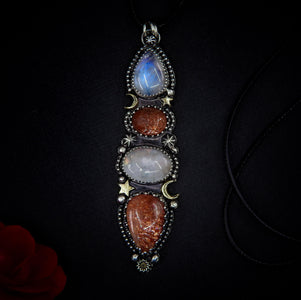 Sunstone & Moonstone Pendant - Sterling Silver - Crescent Moon, Sun and Star Jewelry - Confetti Sunstone -Four Stone Celestial Necklace