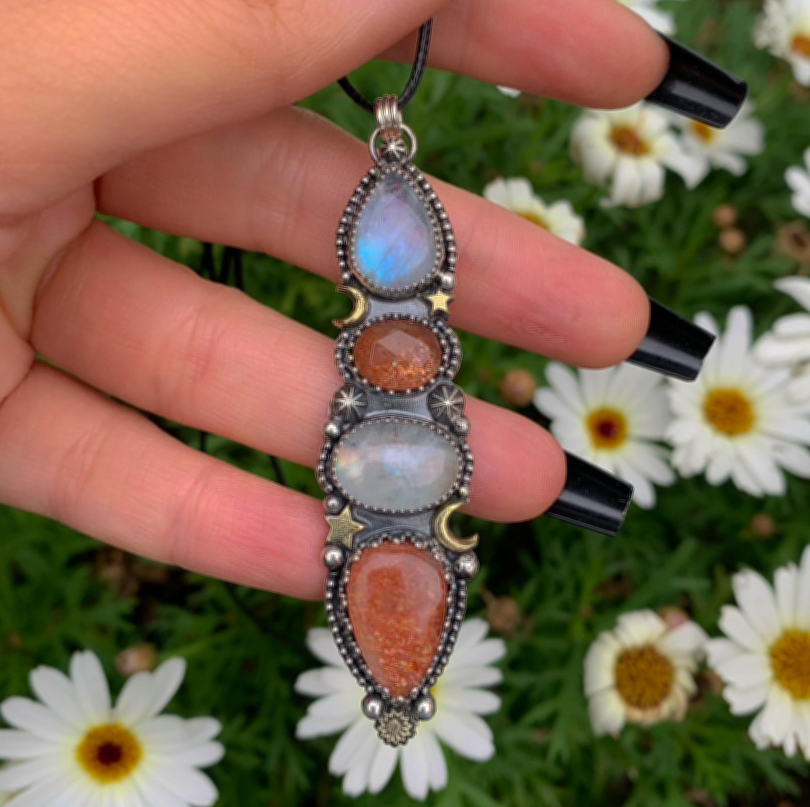 Sunstone & Moonstone Pendant - Sterling Silver - Crescent Moon, Sun and Star Jewelry - Confetti Sunstone -Four Stone Celestial Necklace