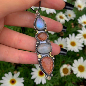 Sunstone & Moonstone Pendant - Sterling Silver - Crescent Moon, Sun and Star Jewelry - Confetti Sunstone -Four Stone Celestial Necklace