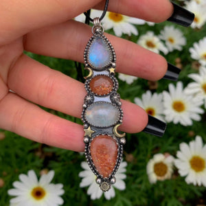 Sunstone & Moonstone Pendant - Sterling Silver - Crescent Moon, Sun and Star Jewelry - Confetti Sunstone -Four Stone Celestial Necklace