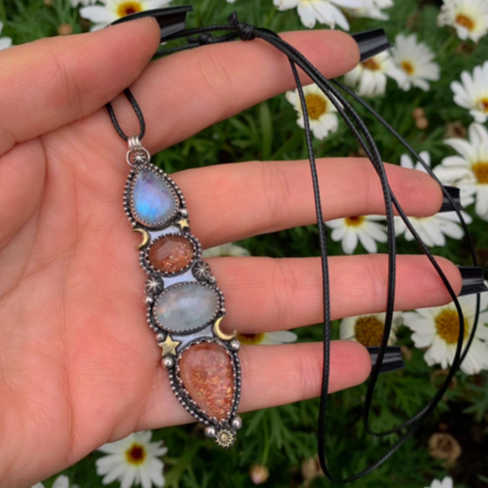 Sunstone & Moonstone Pendant - Sterling Silver - Crescent Moon, Sun and Star Jewelry - Confetti Sunstone -Four Stone Celestial Necklace