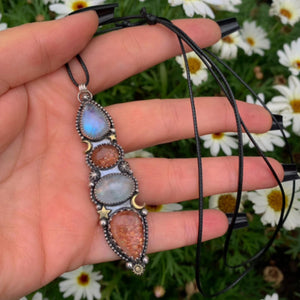 Sunstone & Moonstone Pendant - Sterling Silver - Crescent Moon, Sun and Star Jewelry - Confetti Sunstone -Four Stone Celestial Necklace