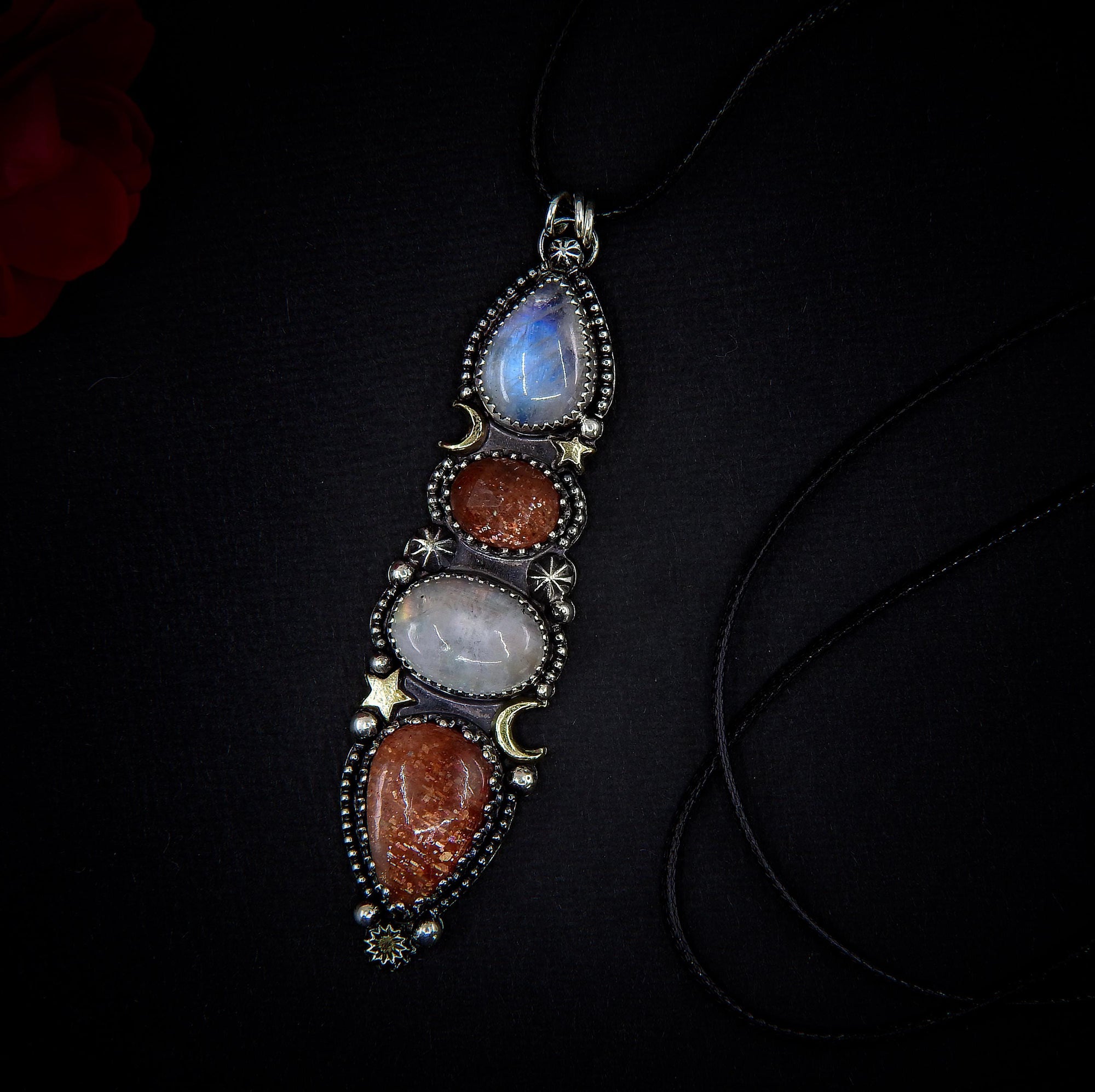 Sunstone & Moonstone Pendant - Sterling Silver - Crescent Moon, Sun and Star Jewelry - Confetti Sunstone -Four Stone Celestial Necklace