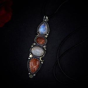Sunstone & Moonstone Pendant - Sterling Silver - Crescent Moon, Sun and Star Jewelry - Confetti Sunstone -Four Stone Celestial Necklace