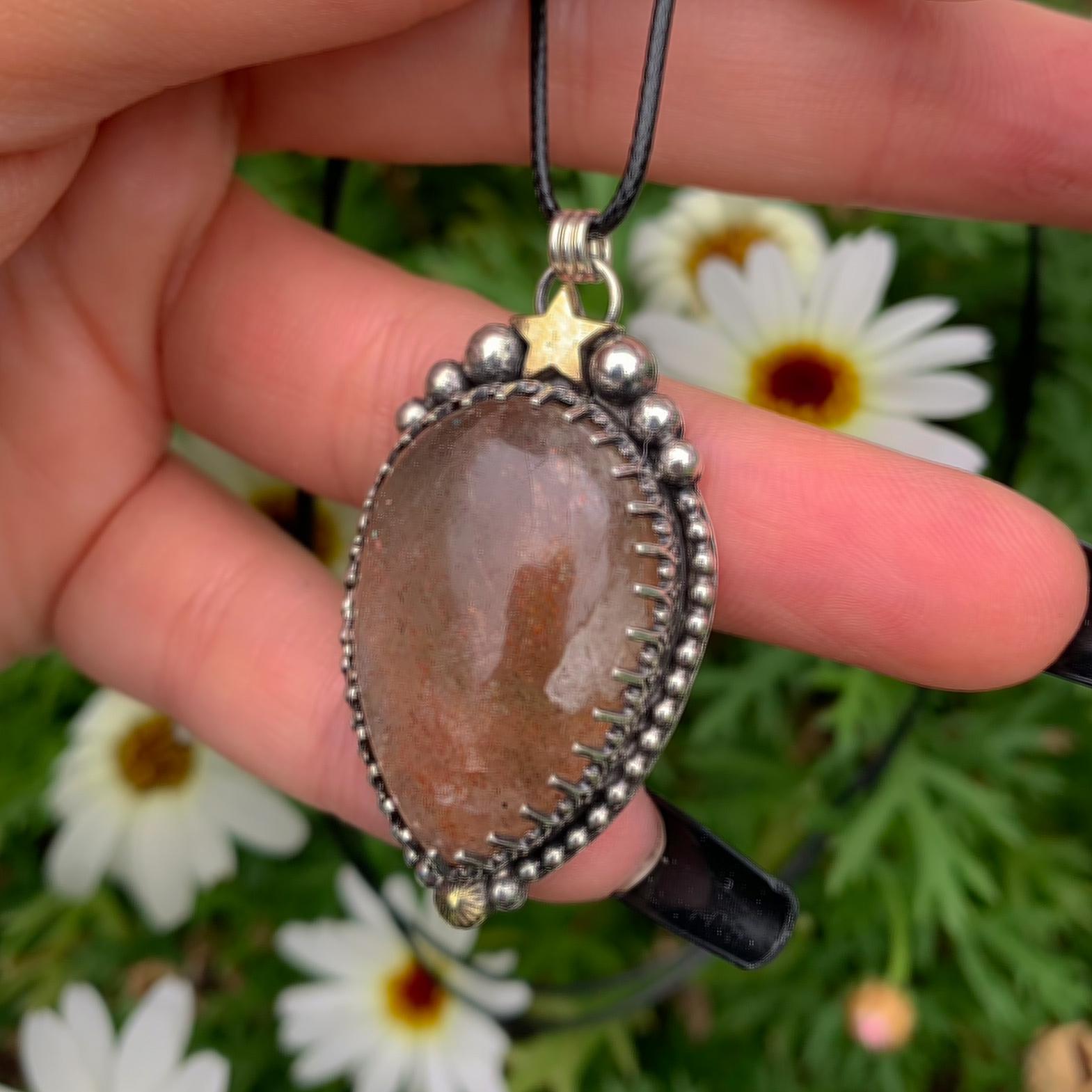 Sunstone Pendant - Sterling Silver - Confetti Sunstone Necklace - Crescent Moon, Sun and Star Jewelry - Teardrop Sunstone Celestial Necklace
