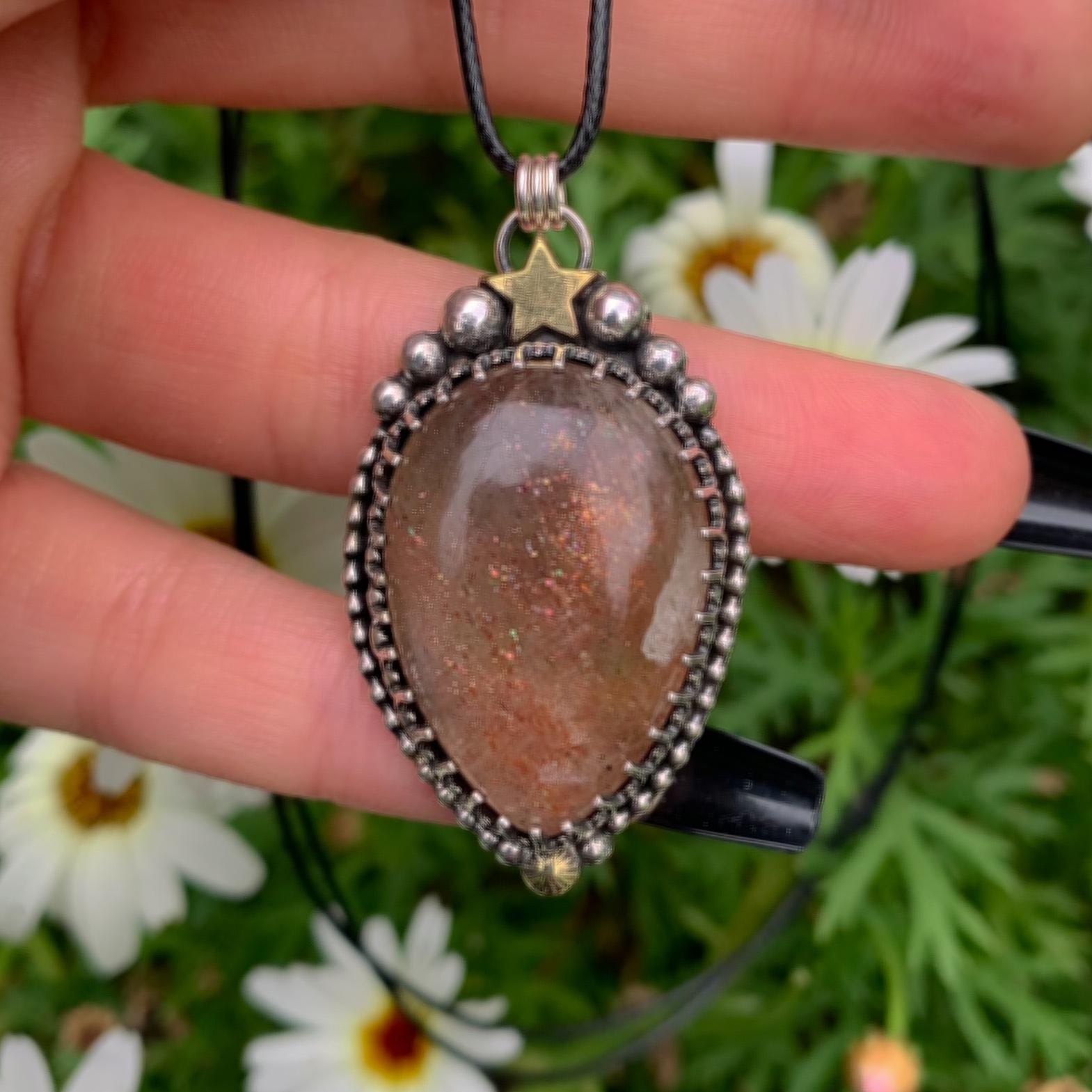 Sunstone Pendant - Sterling Silver - Confetti Sunstone Necklace - Crescent Moon, Sun and Star Jewelry - Teardrop Sunstone Celestial Necklace