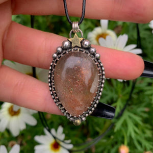 Sunstone Pendant - Sterling Silver - Confetti Sunstone Necklace - Crescent Moon, Sun and Star Jewelry - Teardrop Sunstone Celestial Necklace