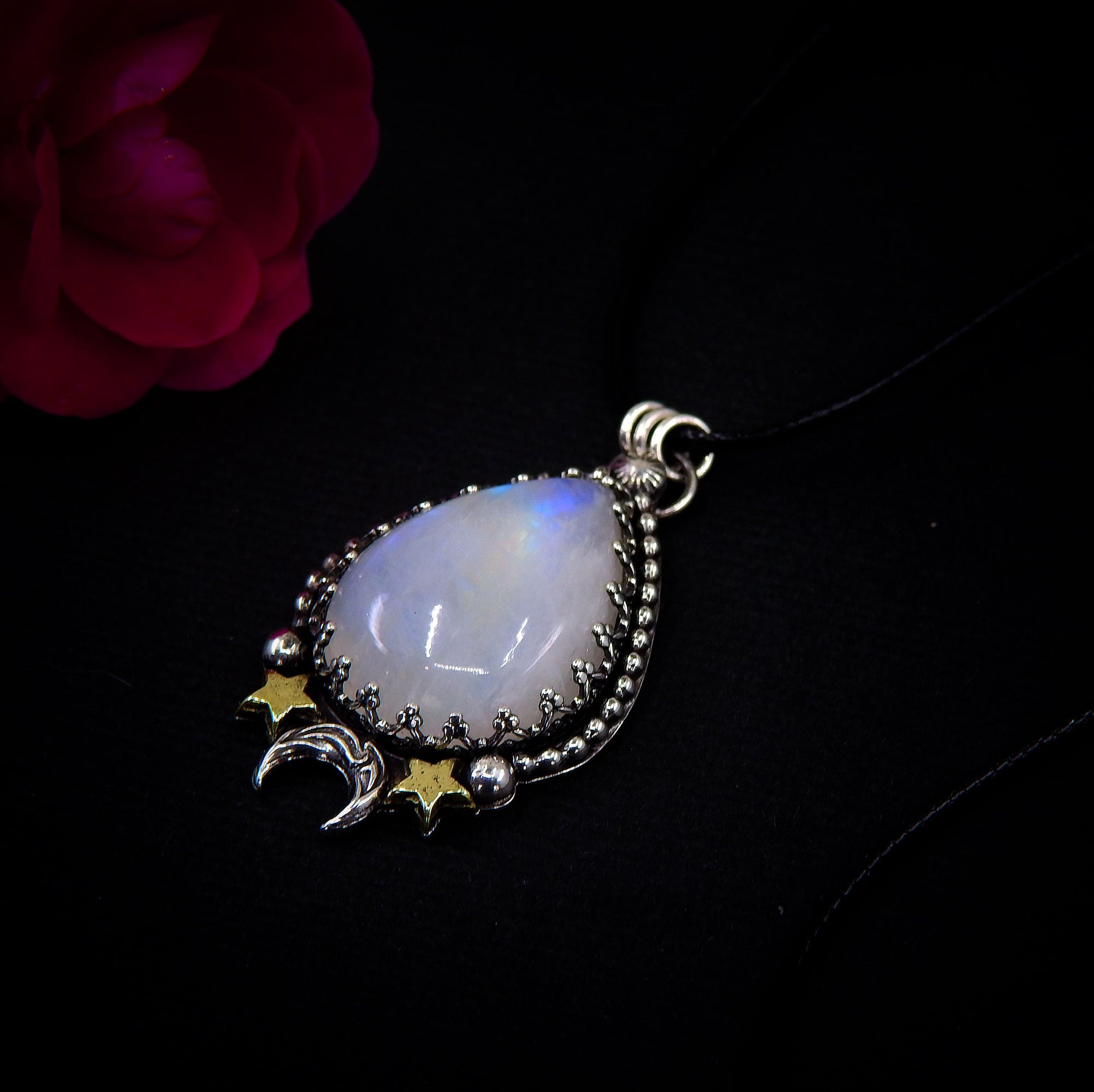 Moonstone Pendant - Sterling Silver - Crescent Moon & Star Jewelry - Rainbow Moonstone Celestial Teardrop Necklace