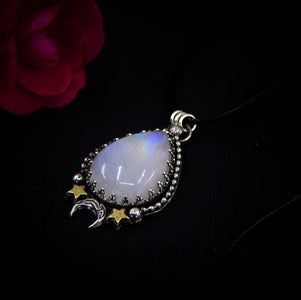 Moonstone Pendant - Sterling Silver - Crescent Moon & Star Jewelry - Rainbow Moonstone Celestial Teardrop Necklace