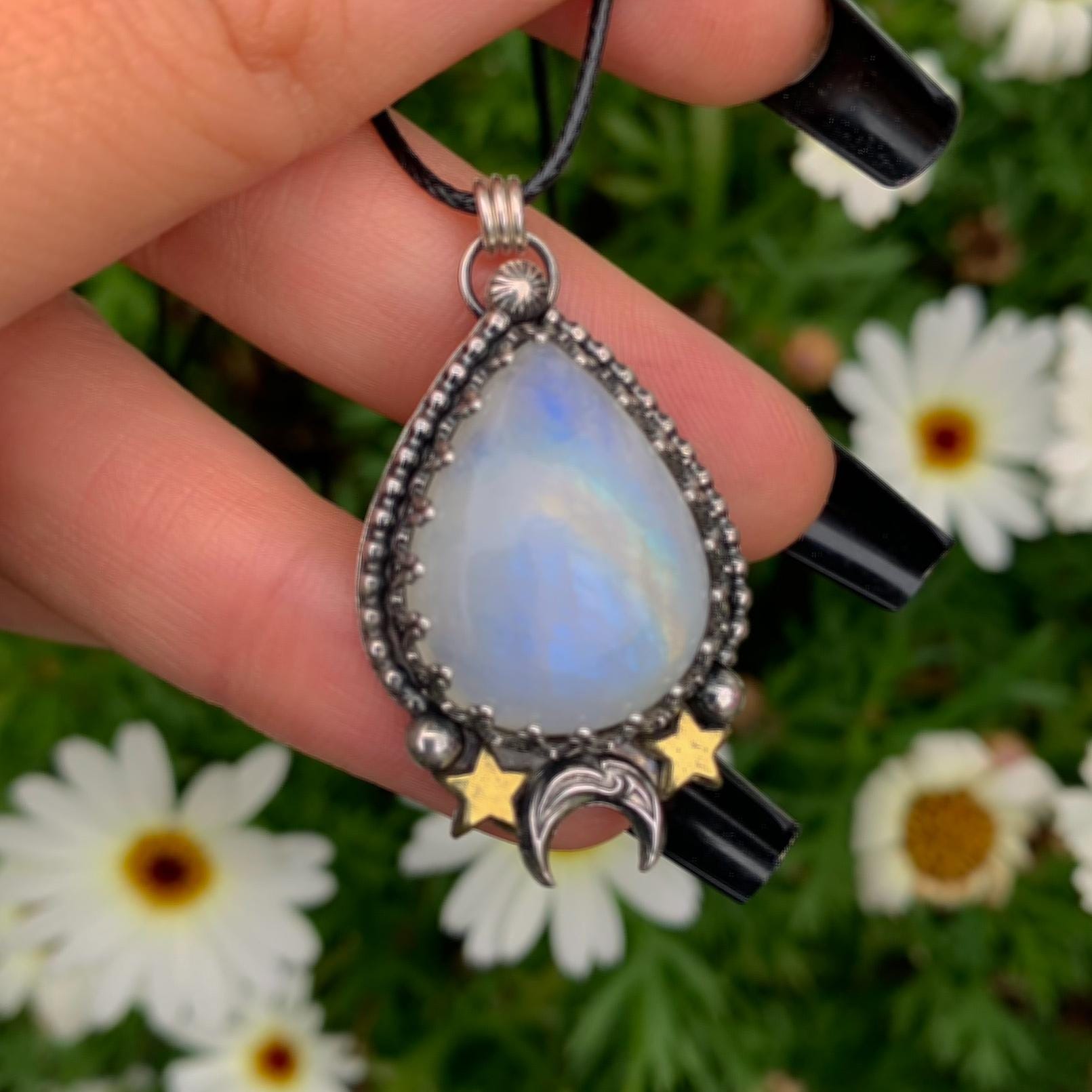 Moonstone Pendant - Sterling Silver - Crescent Moon & Star Jewelry - Rainbow Moonstone Celestial Teardrop Necklace