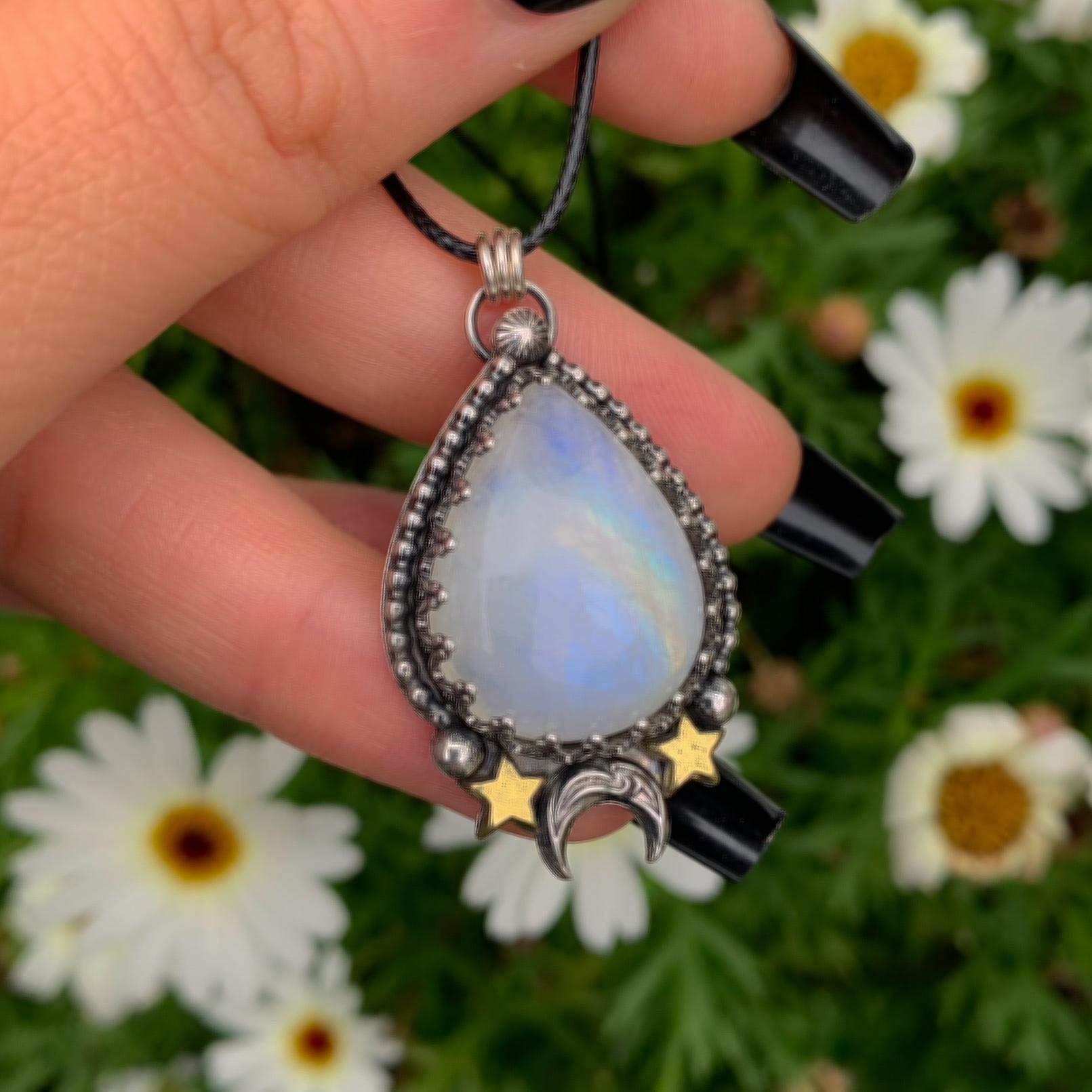 Moonstone Pendant - Sterling Silver - Crescent Moon & Star Jewelry - Rainbow Moonstone Celestial Teardrop Necklace