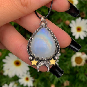 Moonstone Pendant - Sterling Silver - Crescent Moon & Star Jewelry - Rainbow Moonstone Celestial Teardrop Necklace