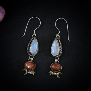 Sunstone & Moonstone Earrings - Sterling Silver - Crescent Moon, Sun and Star Jewelry - Confetti Sunstone - Multi Stone Celestial Dangles