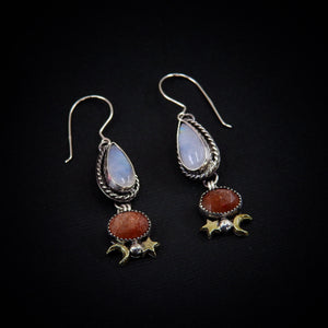 Sunstone & Moonstone Earrings - Sterling Silver - Crescent Moon, Sun and Star Jewelry - Confetti Sunstone - Multi Stone Celestial Dangles