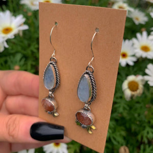 Sunstone & Moonstone Earrings - Sterling Silver - Crescent Moon, Sun and Star Jewelry - Confetti Sunstone - Multi Stone Celestial Dangles
