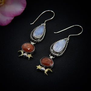 Sunstone & Moonstone Earrings - Sterling Silver - Crescent Moon, Sun and Star Jewelry - Confetti Sunstone - Multi Stone Celestial Dangles