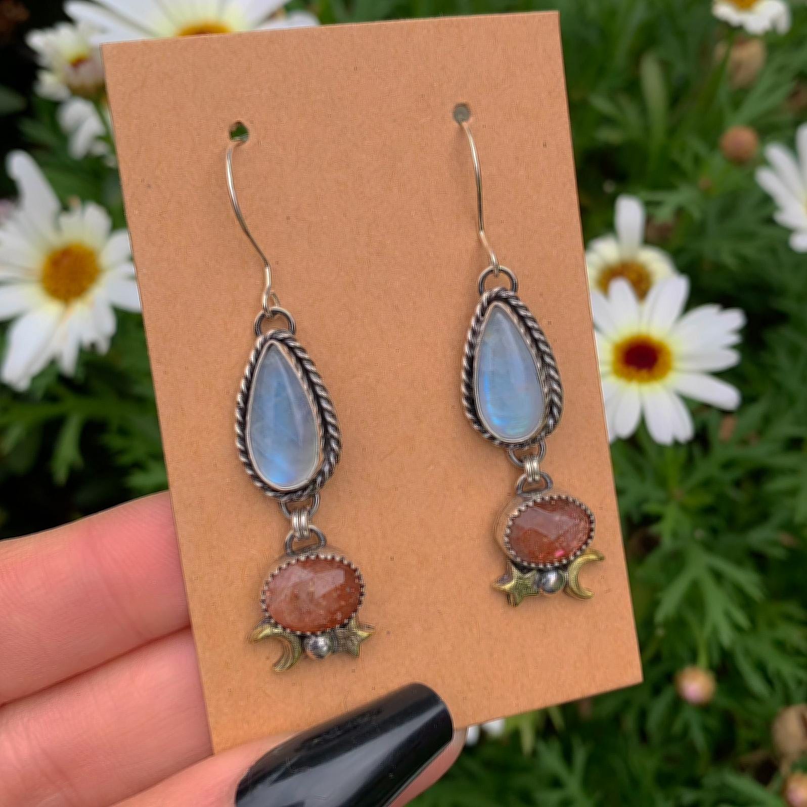 Sunstone & Moonstone Earrings - Sterling Silver - Crescent Moon, Sun and Star Jewelry - Confetti Sunstone - Multi Stone Celestial Dangles