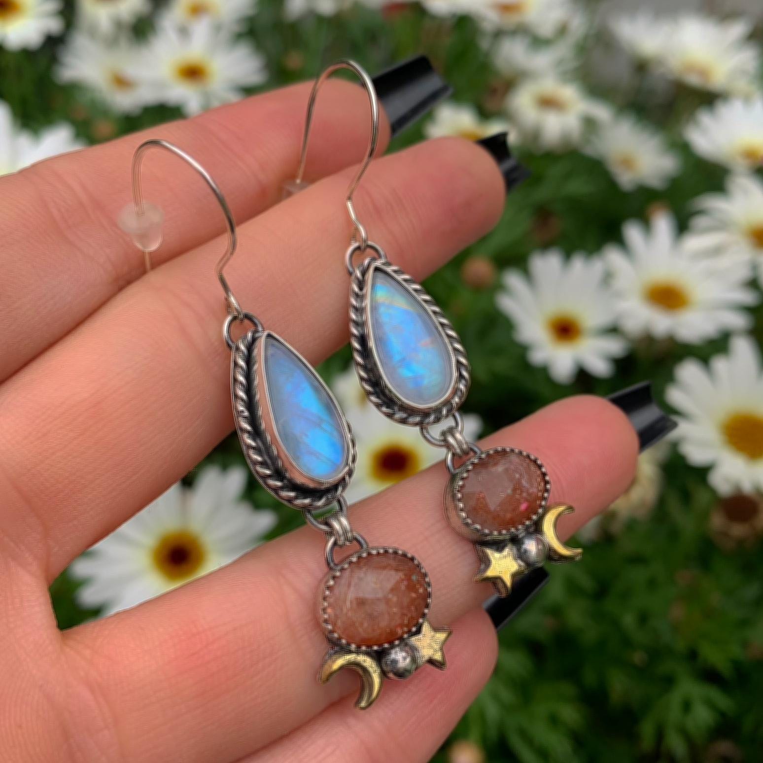Sunstone & Moonstone Earrings - Sterling Silver - Crescent Moon, Sun and Star Jewelry - Confetti Sunstone - Multi Stone Celestial Dangles