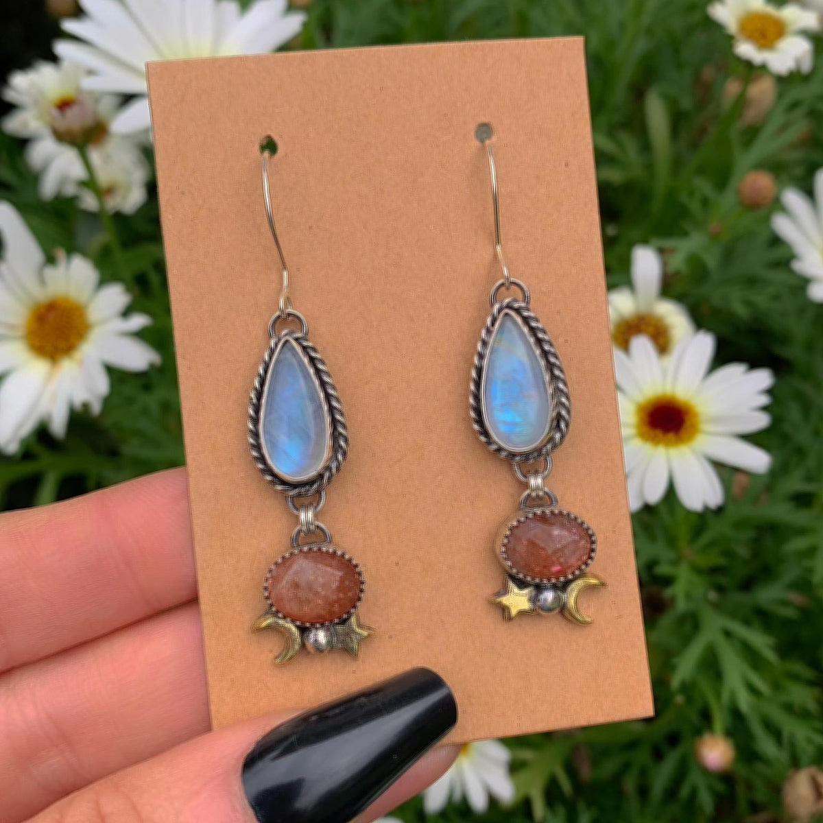 Sunstone & Moonstone Earrings - Sterling Silver - Crescent Moon, Sun and Star Jewelry - Confetti Sunstone - Multi Stone Celestial Dangles
