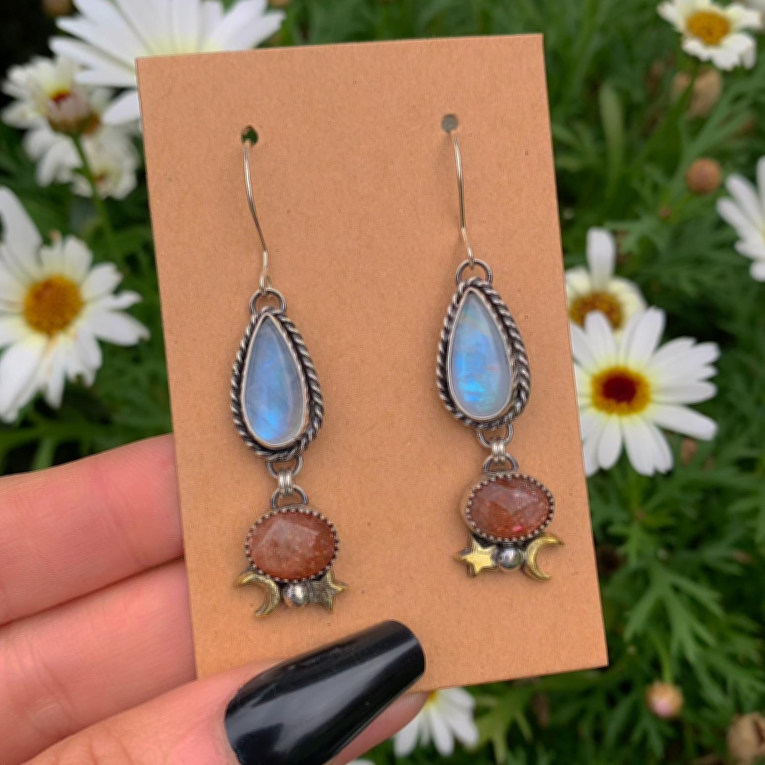 Sunstone & Moonstone Earrings - Sterling Silver - Crescent Moon, Sun and Star Jewelry - Confetti Sunstone - Multi Stone Celestial Dangles