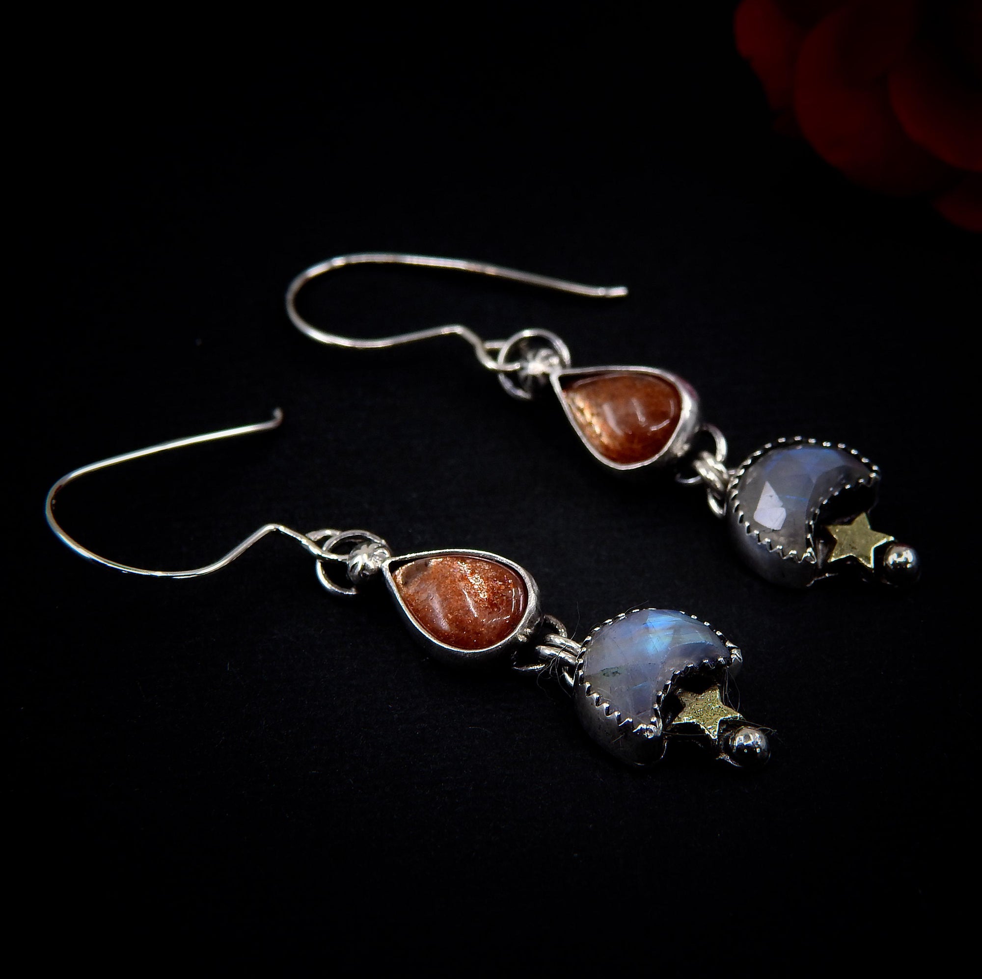 Sunstone & Moonstone Earrings - Sterling Silver - Crescent Moon, Sun and Star Jewelry - Confetti Sunstone - Multi Stone Celestial Dangles