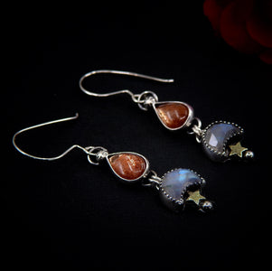 Sunstone & Moonstone Earrings - Sterling Silver - Crescent Moon, Sun and Star Jewelry - Confetti Sunstone - Multi Stone Celestial Dangles