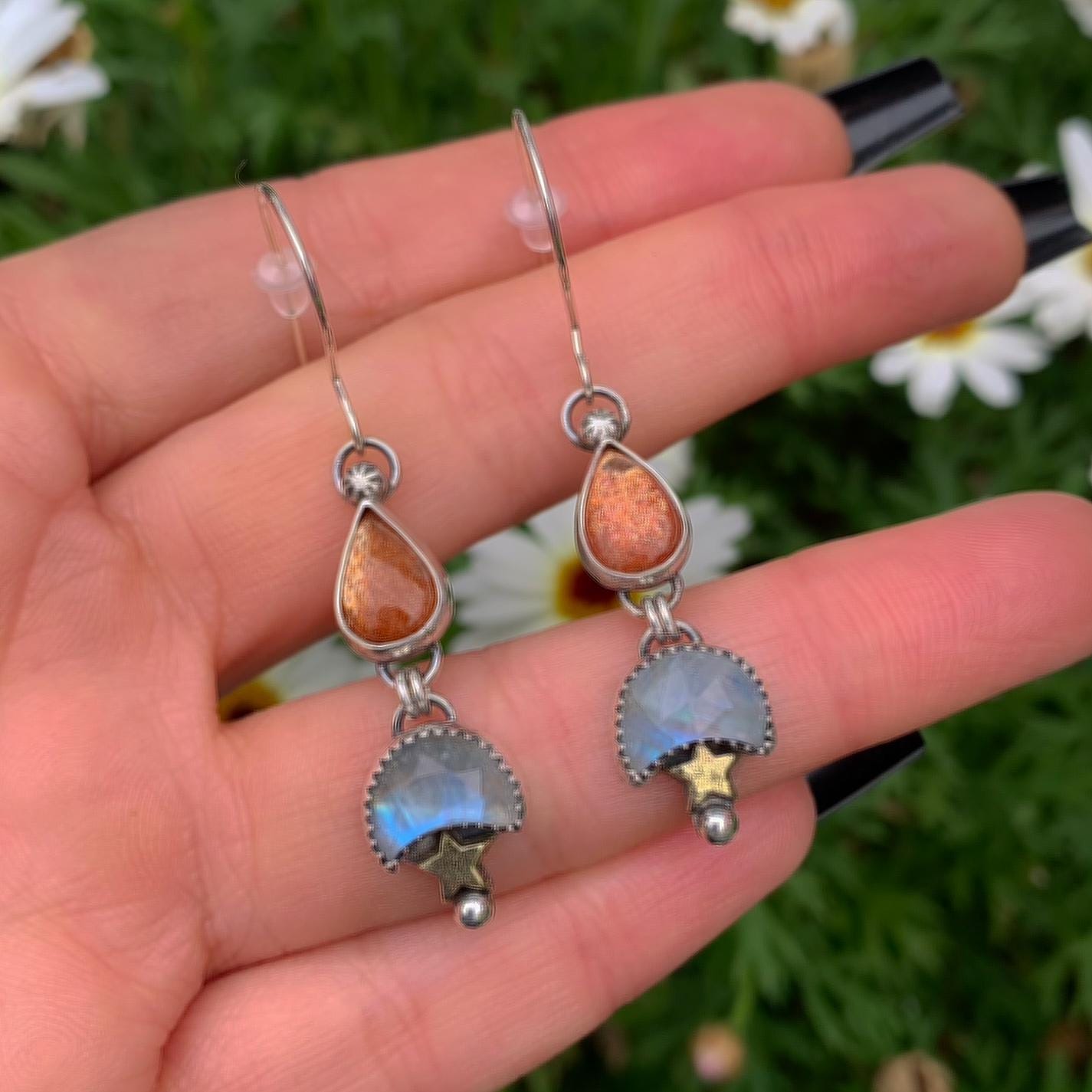 Sunstone & Moonstone Earrings - Sterling Silver - Crescent Moon, Sun and Star Jewelry - Confetti Sunstone - Multi Stone Celestial Dangles