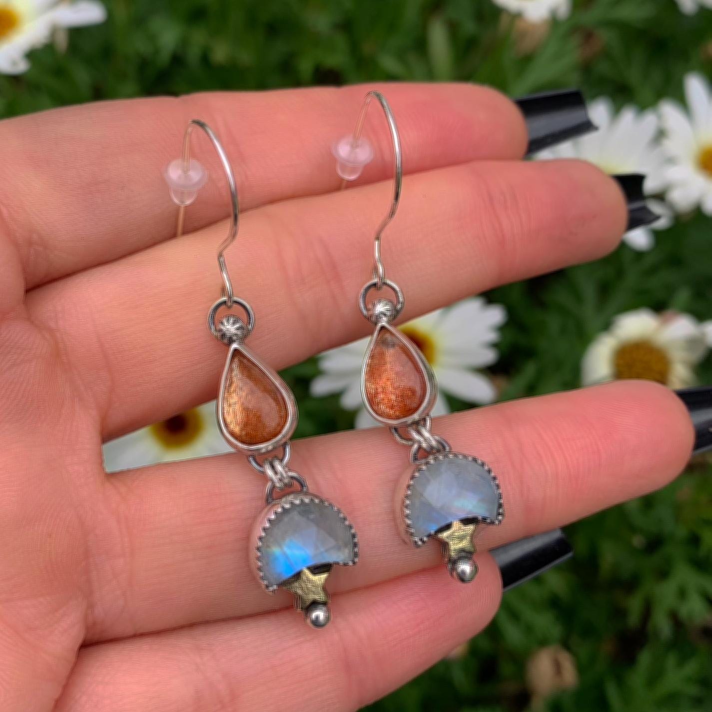 Sunstone & Moonstone Earrings - Sterling Silver - Crescent Moon, Sun and Star Jewelry - Confetti Sunstone - Multi Stone Celestial Dangles