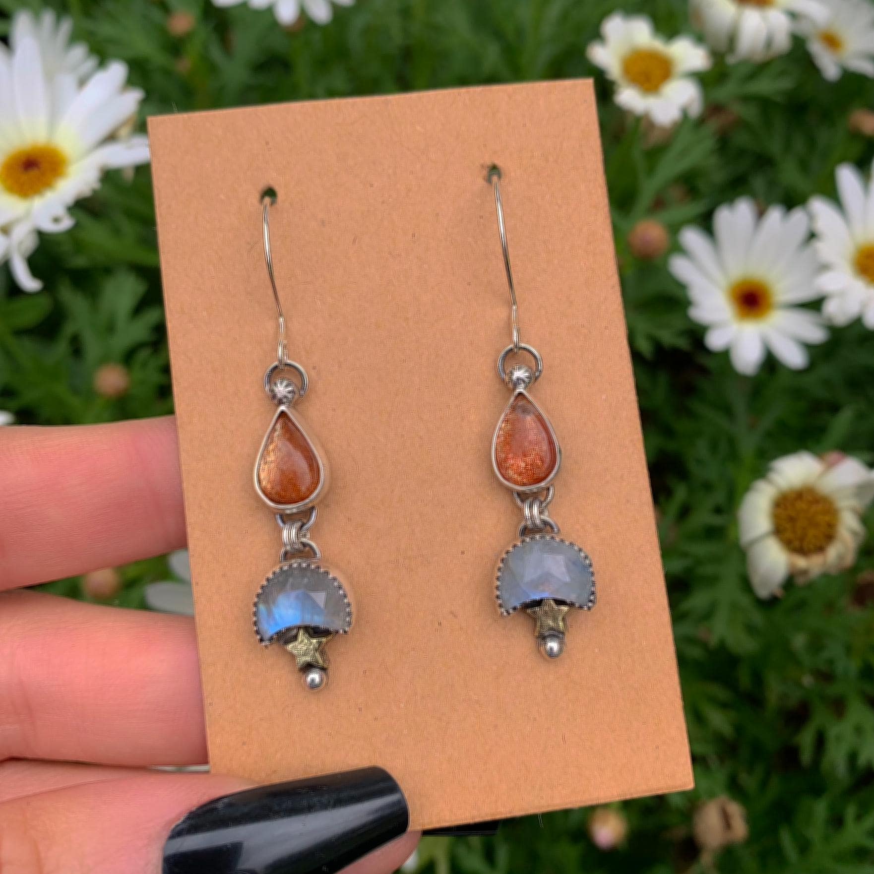 Sunstone & Moonstone Earrings - Sterling Silver - Crescent Moon, Sun and Star Jewelry - Confetti Sunstone - Multi Stone Celestial Dangles