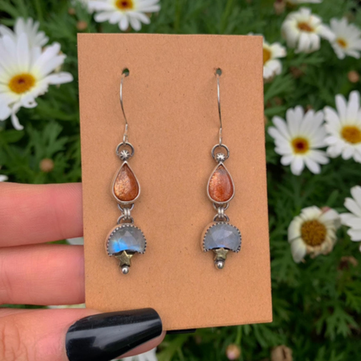 Sunstone & Moonstone Earrings - Sterling Silver - Crescent Moon, Sun and Star Jewelry - Confetti Sunstone - Multi Stone Celestial Dangles