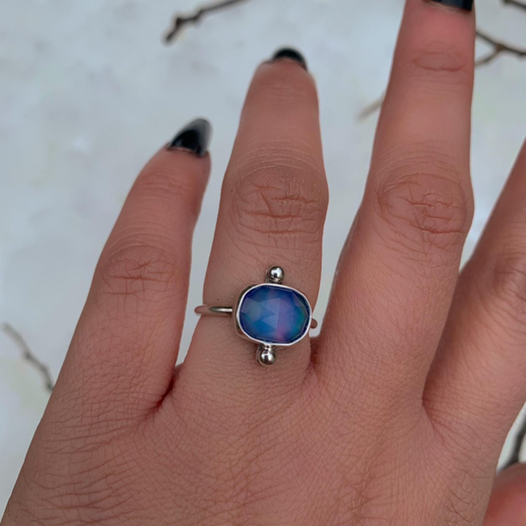 Rose Cut Clear Quartz & Aurora Opal Ring - Size 6 to 6 1/4 - Sterling Silver