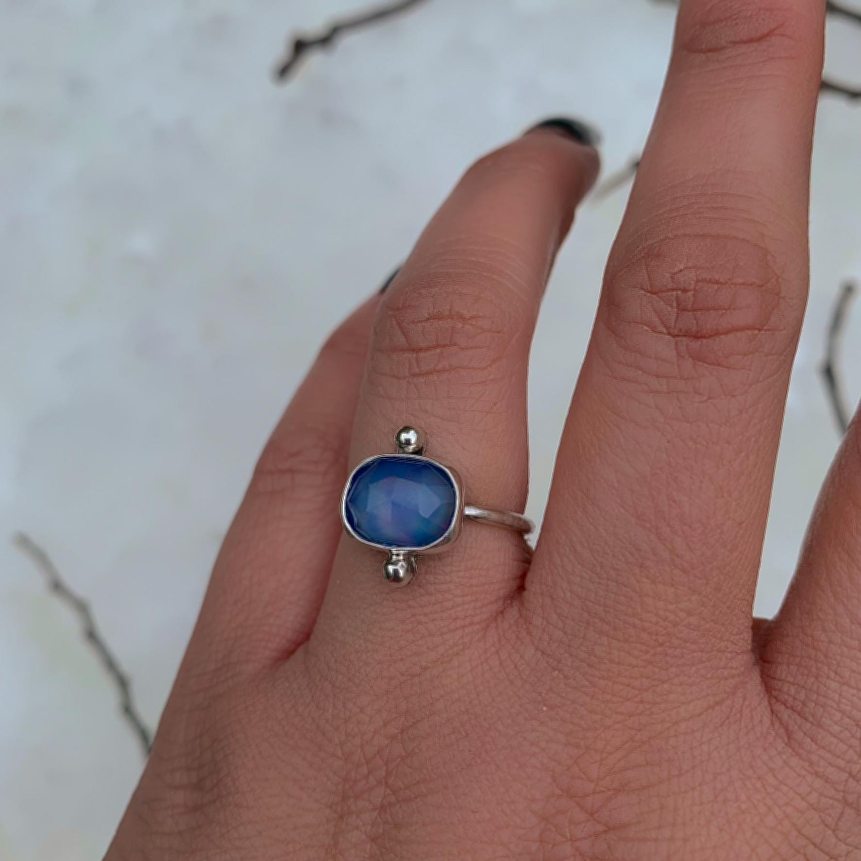 Rose Cut Clear Quartz & Aurora Opal Ring - Size 6 to 6 1/4 - Sterling Silver