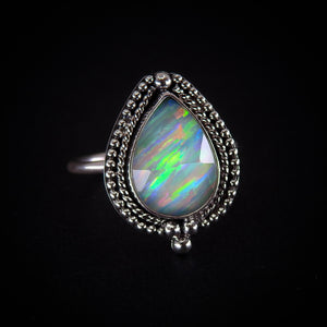Rose Cut Clear Quartz & Aurora Opal Ring - Size 8 1/4 - Sterling Silver
