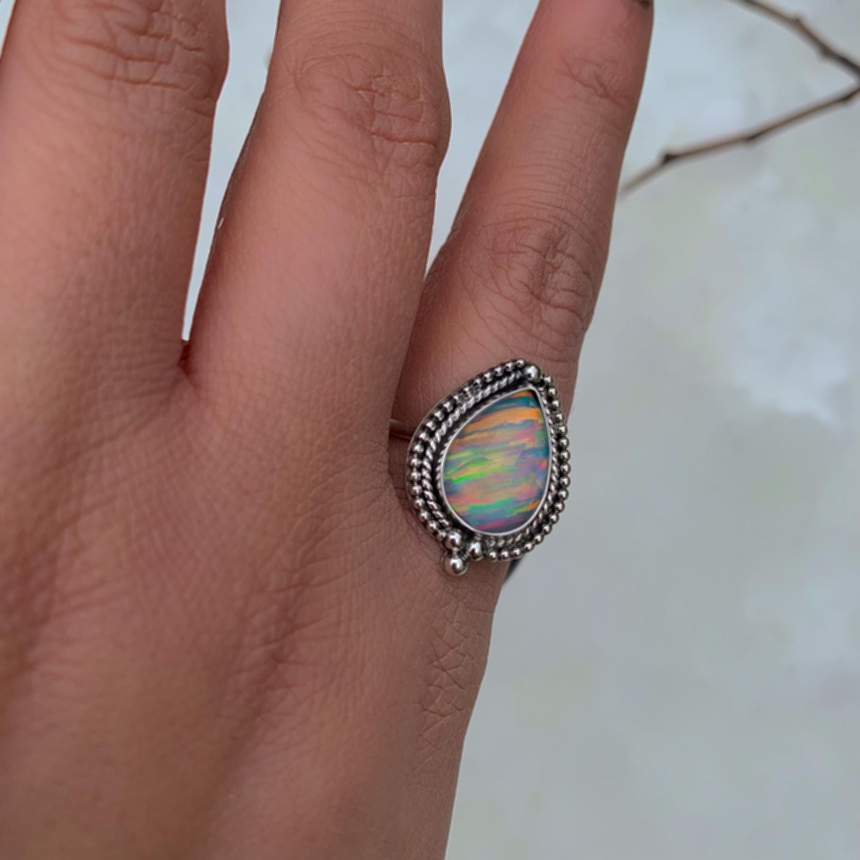 Rose Cut Clear Quartz & Aurora Opal Ring - Size 8 1/4 - Sterling Silver