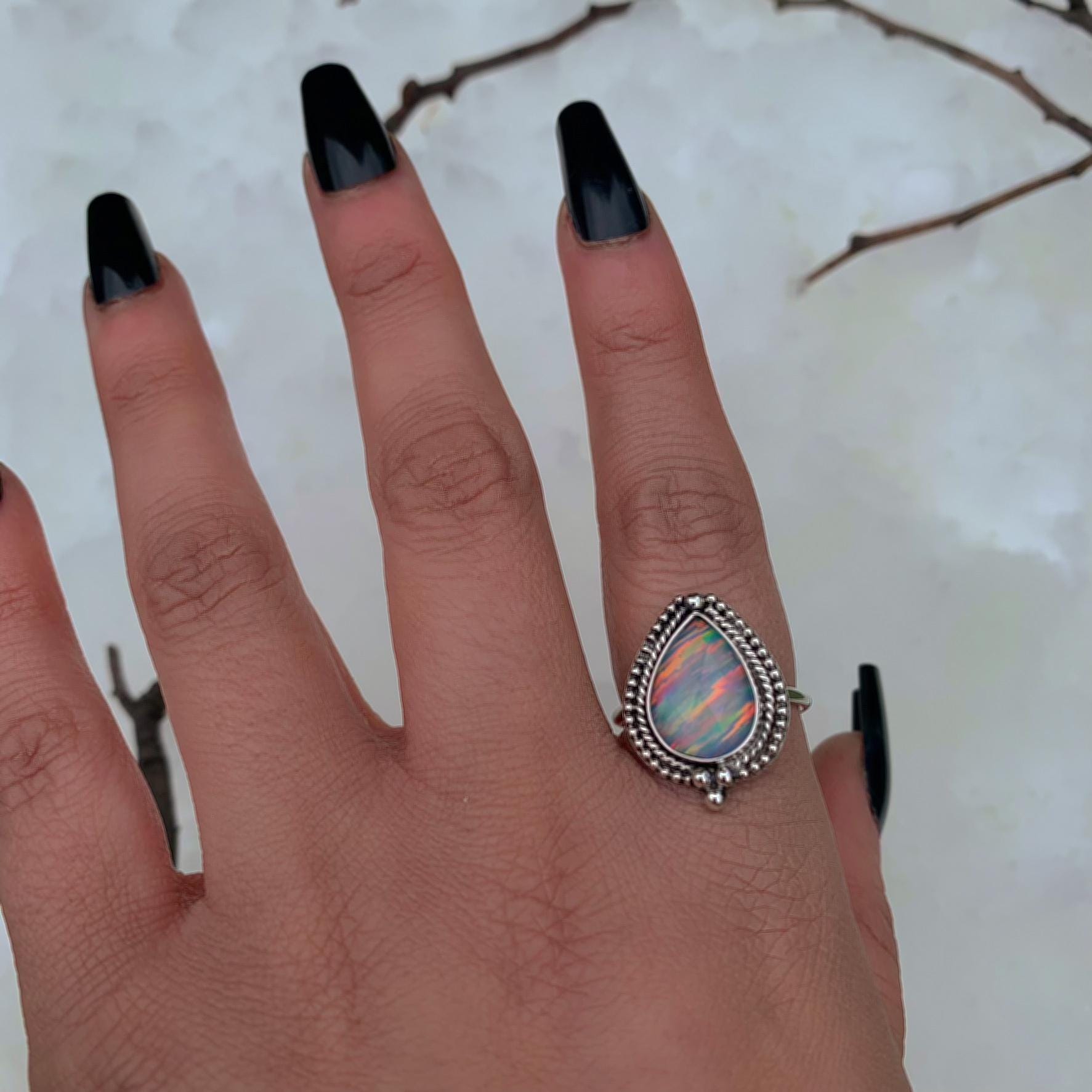 Rose Cut Clear Quartz & Aurora Opal Ring - Size 8 1/4 - Sterling Silver