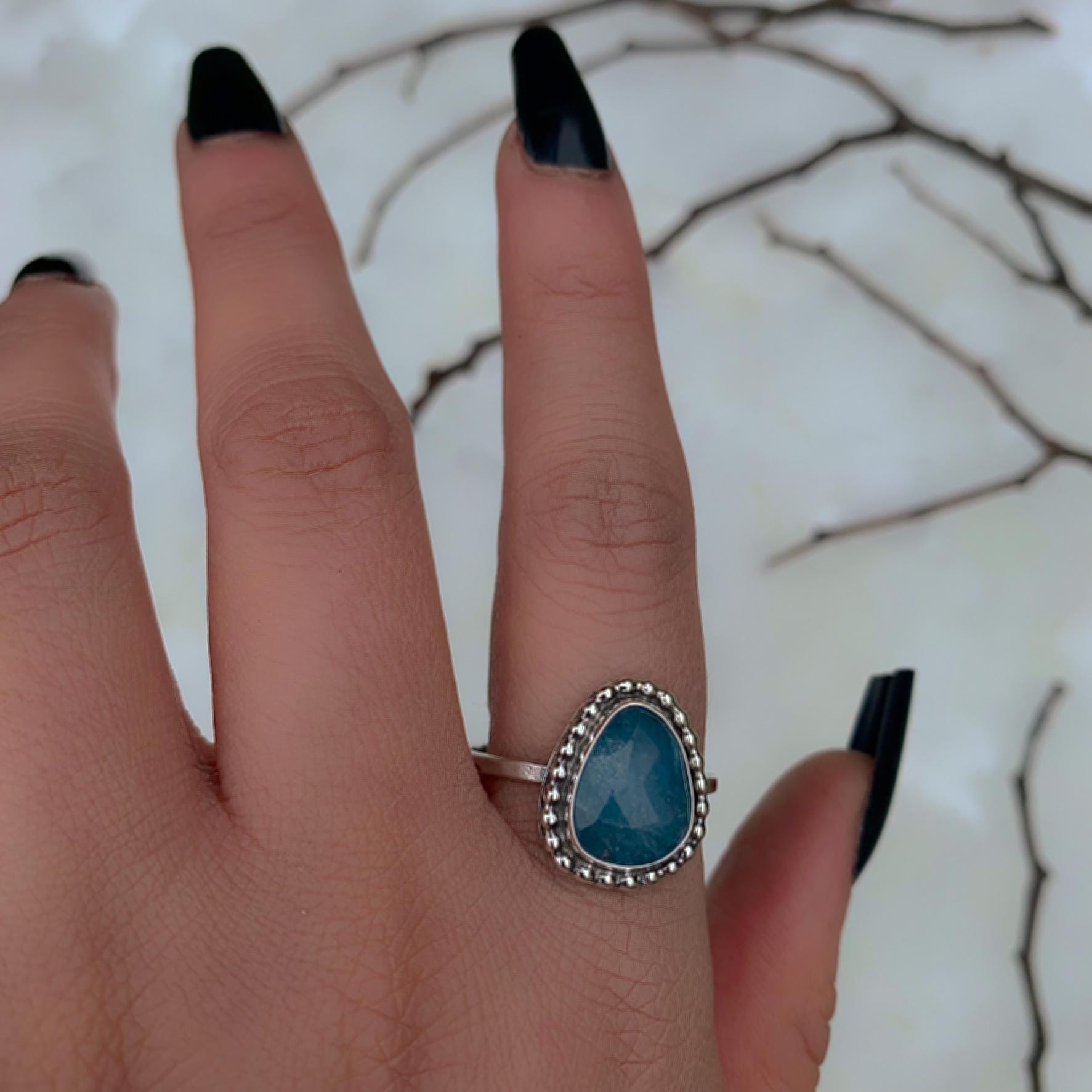 Rose Cut Aquamarine Ring - Size 12 - Sterling Silver