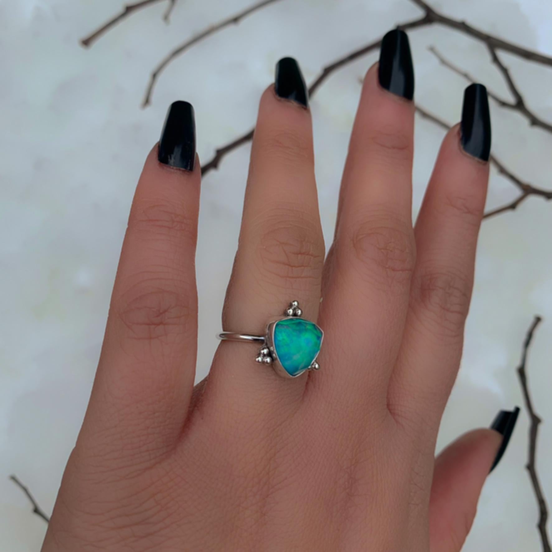 Rose Cut Clear Quartz & Aurora Opal Ring - Size 5 1/2 - Sterling Silver