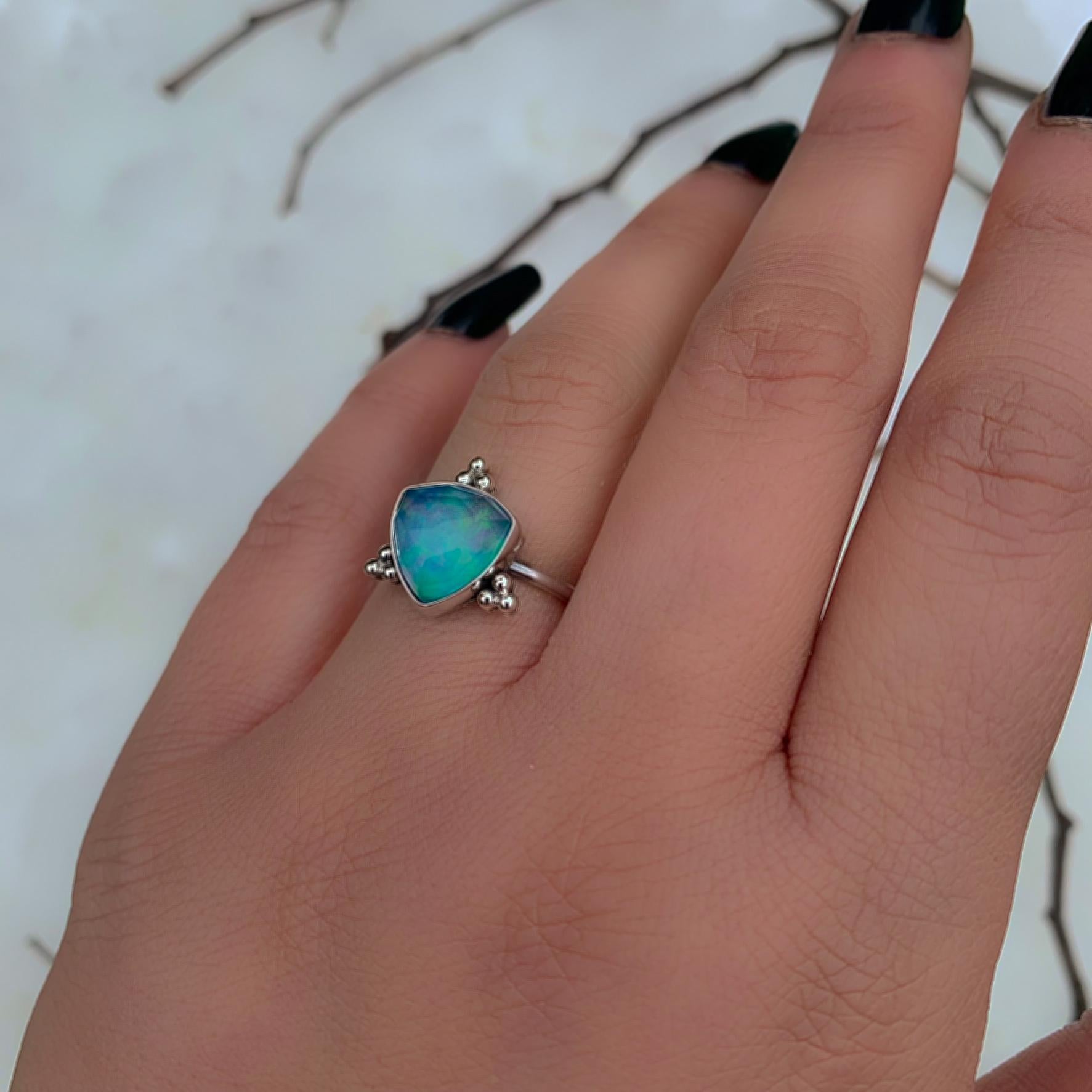 Rose Cut Clear Quartz & Aurora Opal Ring - Size 5 1/2 - Sterling Silver