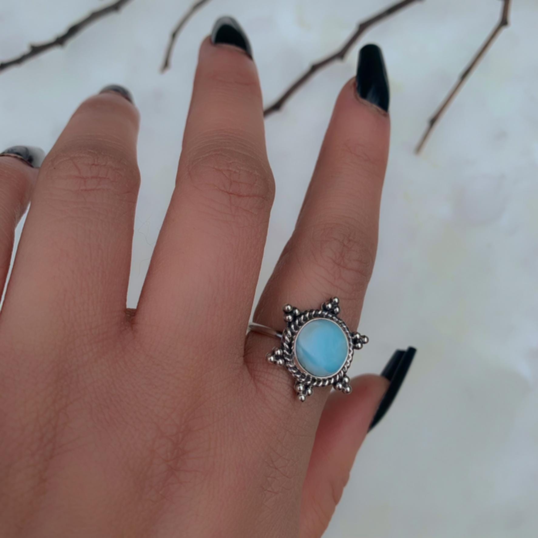 Larimar Snowflake Ring - Size 8 1/2 - Sterling Silver