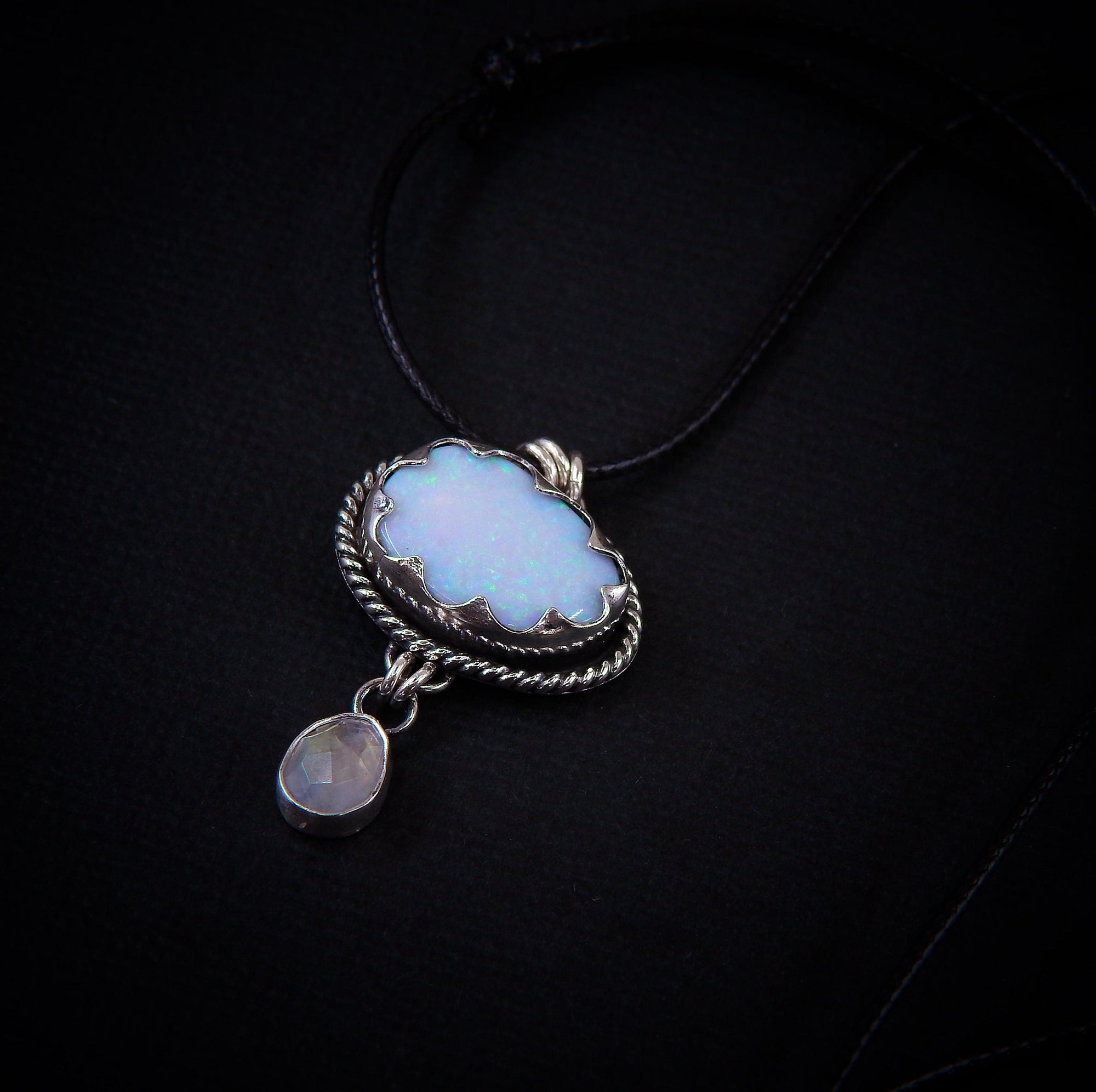 Australian Opal Cloud & Moonstone Snow Pendant - Sterling Silver - Winter Necklace